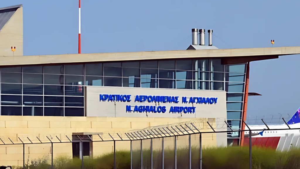 Aerial view of Nea Anchialos National Airport (VOL) near Volos, Greece